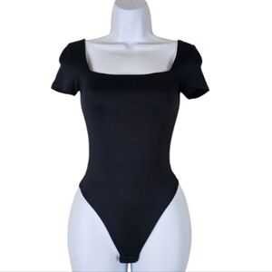 The Workshop Black Squared Neck Thong Bodysuit Short Sleeve Size S